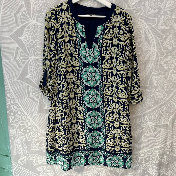 LUXOLOGY DRESS BEAUTIFUL PRINT ROLL TAB SLEEVE POCKETS 10 GREAT FIT BLUE GREEN - Picture 9 of 11